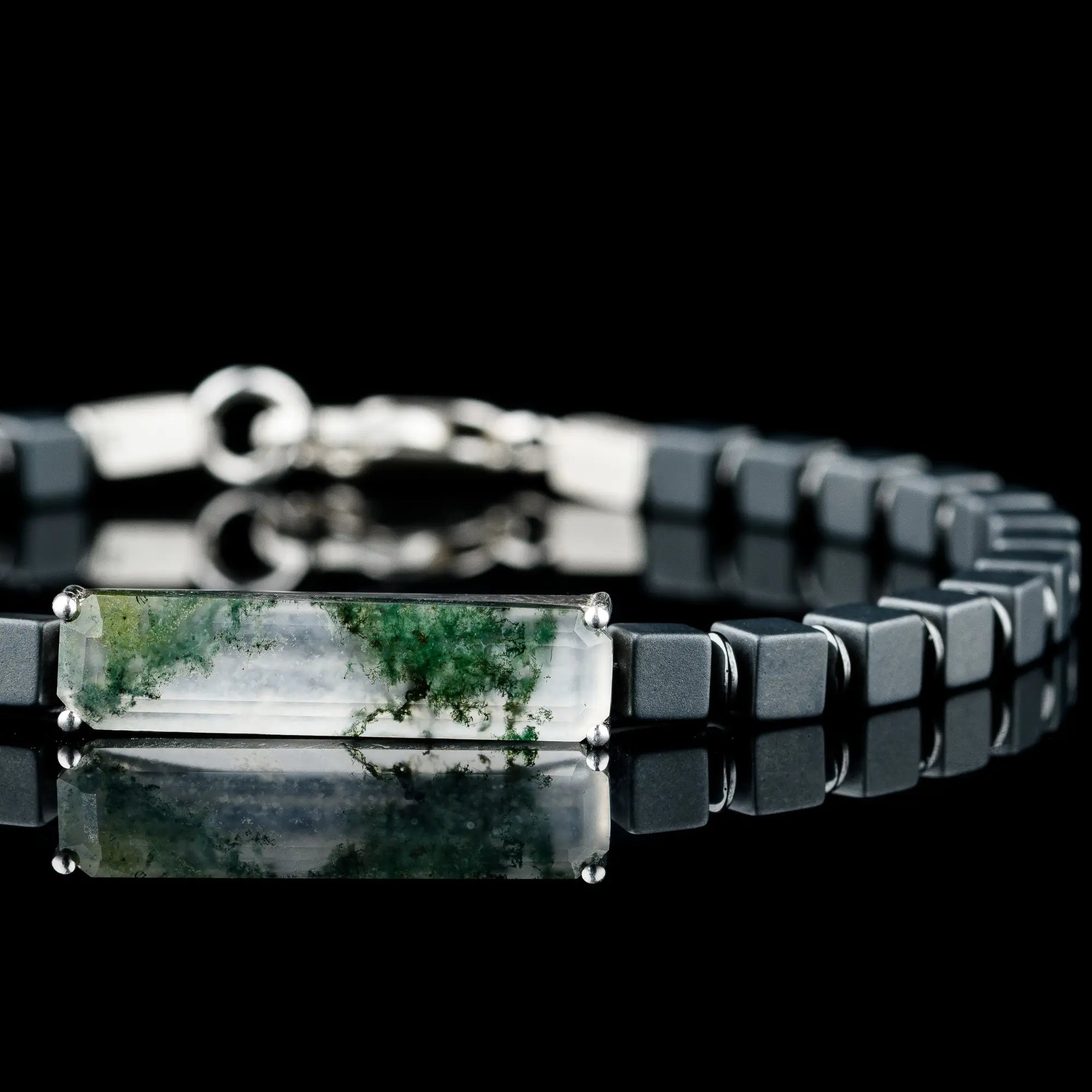MOSS AGATE - HEMATITE CUBE BRACELET I (4-6MM)
