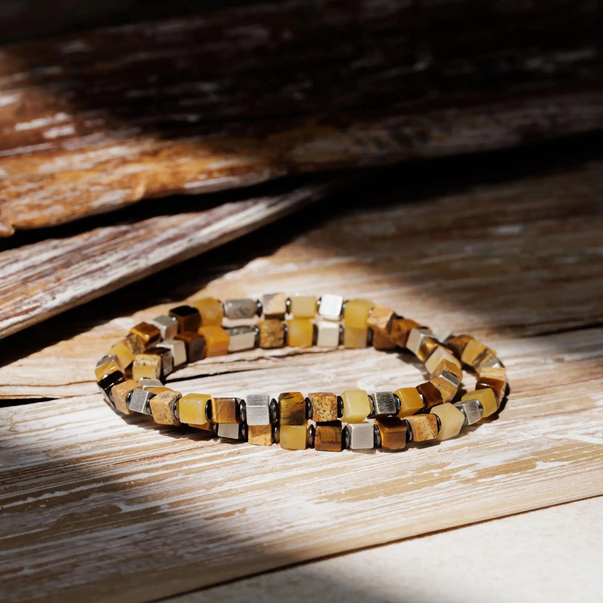 TIGER EYE-LANDSCAPE JASPER-YELLOW JADE CUBE BRACELET I (4MM)